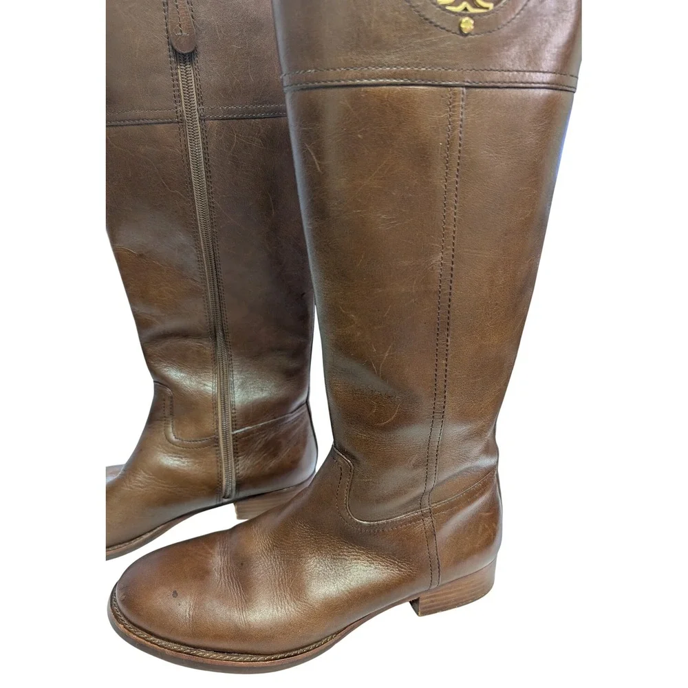 Tory Burch Kiernan Riding Boots Gold Logo Equestrian Preppy Leather Brown 10
